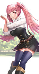 Rule 34 | 1girl, absurdres, belt, black skirt, blue thighhighs, blunt bangs, boots, breasts, buttons, double-breasted, female focus, fire emblem, fire emblem: three houses, garreg mach monastery uniform, gonzarez, highres, hilda valentine goneril, large breasts, looking at viewer, matching hair/eyes, nintendo, one eye closed, pink eyes, pink hair, shirt, sidelocks, skirt, smile, solo, sword, thighhighs, thighs, tongue, tongue out, twintails, weapon, white shirt, wink, zettai ryouiki