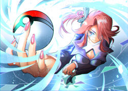 Rule 34 | absurdres, arm under breasts, black jacket, black skirt, breasts, cleavage, cleavage cutout, clothing cutout, creatures (company), formal, game freak, glasses, highres, holding, holding poke ball, in-sea, jacket, large breasts, long hair, long sleeves, lorelei (pokemon), nail polish, nintendo, pantyhose, poke ball, poke ball (basic), pokemon, pokemon lgpe, ponytail, red eyes, red hair, red nails, skirt, solo, turtleneck