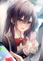 Rule 34 | 1girl, absurdres, black hair, black jacket, blush, bow, brown sweater, collared shirt, commentary, embarrassed, hair between eyes, highres, holding, holding phone, jacket, long hair, long sleeves, original, parted lips, phone, purple eyes, red bow, school uniform, shirt, sidelocks, solo focus, sweater, train, tsukasa tsubasa, white shirt
