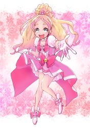 Rule 34 | 1girl, aqua eyes, blonde hair, blue eyes, bow, choker, cure flora, earrings, flower, foreshortening, frilled skirt, frills, gloves, go! princess precure, gradient hair, hair ornament, half updo, haruno haruka, highres, jewelry, knees together feet apart, long hair, magical girl, multicolored hair, open mouth, outstretched arm, outstretched hand, pink hair, pink skirt, precure, puffy sleeves, ribbon, skirt, smile, solo, streaked hair, toyosaka, two-tone hair, waist bow, wavy mouth