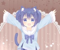 Rule 34 | 10s, 1girl, :d, animal ear fluff, animal ears, antenna hair, arms up, artist name, blue bow, blue eyes, blue hair, blue shirt, blue skirt, blush, bow, cat ears, cat girl, cat tail, commentary request, fang, fingernails, hair between eyes, happy sugar life, highres, kemonomimi mode, koube shio, long sleeves, looking at viewer, open mouth, outstretched arms, plaid, plaid skirt, sailor collar, school uniform, serafuku, shirt, skirt, sleeves past wrists, slit pupils, smile, solo, spread arms, star (symbol), striped, striped background, striped bow, tail, tail raised, usagimiko, vertical stripes, white sailor collar, wide sleeves