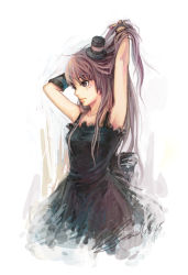 Rule 34 | 00s, 1991 (blz), 1girl, adjusting hair, akiyama mio, armpits, arms behind head, arms up, black dress, blz, brown eyes, don&#039;t say &quot;lazy&quot;, dress, face, hat, k-on!, lips, long hair, mini hat, mini top hat, purple hair, single glove, solo, top hat