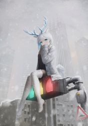 Rule 34 | 1girl, absurdres, animal ears, antlers, black dress, black pantyhose, blue eyes, blush, boots, brown scarf, building, coat, colored pencil (medium), cross-laced footwear, day, dress, flippy (cripine111), full body, grey coat, highres, horns, lace-up boots, long sleeves, looking at viewer, multicolored hair, open clothes, open coat, original, outdoors, pantyhose, road sign, scarf, short hair, sign, silver hair, sitting, skyscraper, snow, snowing, solo, thigh boots, thighhighs, traditional media, traffic light, two-tone hair, unbuttoned, white footwear, winter