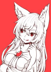 Rule 34 | 1girl, :q, animal ear fluff, animal ears, breasts, collarbone, commentary, dress, eyelashes, hair between eyes, hand up, imaizumi kagerou, limited palette, long hair, long sleeves, medium breasts, nail polish, red background, red eyes, red nails, simple background, solo, spot color, tongue, tongue out, touhou, upper body, wolf ears, wool (miwol)