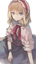 Rule 34 | 1girl, :/, absurdres, alice margatroid, blonde hair, blue dress, blue eyes, capelet, commentary request, dress, expressionless, hair between eyes, hairband, hand on lap, highres, lolita hairband, looking at viewer, partial commentary, red neckwear, red ribbon, ribbon, risui (suzu rks), sash, short hair, simple background, sitting, sketch, sleeves past elbows, solo, touhou, white background, white capelet, white sleeves, wristband, yokozuwari