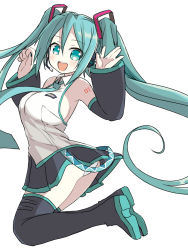 Rule 34 | 1girl, :d, aqua eyes, aqua hair, ass, boots, commentary, detached sleeves, hatsune miku, headset, highres, jumping, long hair, naitou kouse, necktie, open mouth, panties, panty peek, sleeveless, smile, solo, thigh boots, thighhighs, twintails, underwear, very long hair, vocaloid, white background, white panties