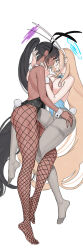 Rule 34 | 2girls, absurdres, animal ears, ass, asuna (blue archive), asuna (bunny) (blue archive), black hair, black leotard, blue archive, blue bow, blue bowtie, blue eyes, blue halo, blue leotard, bow, bowtie, breast press, breasts, curvy, dark-skinned female, dark skin, detached collar, earrings, eye contact, fake animal ears, fake tail, fishnet pantyhose, fishnets, full body, grey pantyhose, halo, hand on another&#039;s head, hand on another&#039;s hip, highres, hug, huge ass, jewelry, karin (blue archive), karin (bunny) (blue archive), large breasts, legs, leotard, light brown hair, long hair, looking at another, multiple girls, no shoes, pantyhose, playboy bunny, ponytail, profile, purple halo, rabbit ears, rabbit tail, radiocupcake, simple background, strapless, strapless leotard, stud earrings, symmetrical docking, tail, thighband pantyhose, very long hair, white background, wide hips, wrist cuffs, yellow eyes, yuri