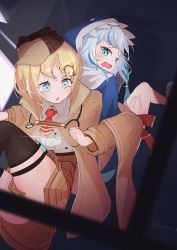 Rule 34 | a way out, absurdres, back-to-back, blonde hair, blue eyes, blue hair, blue hoodie, blunt bangs, convenient censoring, gawr gura, gawr gura (1st costume), hair ornament, highres, hololive, hololive english, hood, hoodie, huge filesize, locked arms, long sleeves, medium hair, multicolored hair, multiple girls, necktie, open mouth, plaid, plaid skirt, red neckwear, shark girl, sharp teeth, shirt, silver hair, skirt, stethoscope, streaked hair, sweat, teeth, thighhighs, two side up, virtual youtuber, watson amelia, watson amelia (1st costume), white shirt, yakousei a