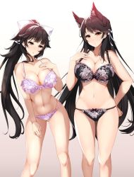 Rule 34 | 2girls, animal ear fluff, animal ears, atago (azur lane), azur lane, black hair, black panties, blunt bangs, bow, breasts, brown background, brown eyes, cleavage, closed mouth, commentary request, dog ears, extra ears, feet out of frame, fukuda shuushi, gradient background, hair bow, hair ears, hair flaps, hand on own hip, highres, large breasts, lingerie, long hair, mole, mole under eye, multi-strapped panties, multiple girls, navel, panties, ponytail, ribbon, simple background, skindentation, standing, stomach, swept bangs, takao (azur lane), thighs, underwear, underwear only, very long hair, white ribbon