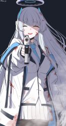 Rule 34 | 1girl, ^ ^, absurdres, black background, blood, blood on clothes, blood on face, blue archive, blue necktie, closed eyes, gun, handgun, highres, holding, holding gun, holding weapon, jacket, long hair, long sleeves, necktie, noa (blue archive), open mouth, reia 76, simple background, skirt, smile, solo, teeth, upper teeth only, weapon, white hair, white jacket, white skirt