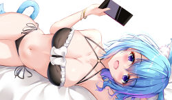 Rule 34 | 1girl, absurdres, animal ears, bed, bed sheet, bikini, black bikini, blue hair, blush, bracelet, breasts, cat ears, cat girl, cat tail, cellphone, cellphone charm, charm (object), cleavage, dongyue sakura, happy, highres, jewelry, large breasts, looking at viewer, lying, navel, on bed, on side, original, phone, pov across bed, purple eyes, short hair, simple background, smartphone, smile, stomach, swimsuit, tail, white background