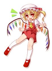 Rule 34 | 1girl, ascot, baku-p, fang, flandre scarlet, hat, hat ribbon, highres, looking at viewer, mob cap, open mouth, puffy sleeves, red eyes, ribbon, shirt, short sleeves, side ponytail, simple background, skirt, skirt set, smile, socks, solo, standing, standing on one leg, touhou, vest, white background, white socks, wings, wrist cuffs