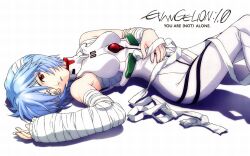 Rule 34 | 1girl, ayanami rei, bandages, blue hair, evangelion: 1.0 you are (not) alone, highres, neon genesis evangelion, official art, pale skin, plugsuit, rebuild of evangelion, red eyes, short hair, solo