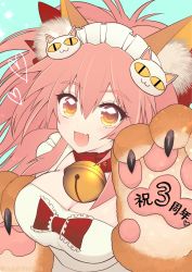 Rule 34 | 1girl, animal ear fluff, animal ears, animal hands, apron, bell, blue background, blush, breasts, cat hair ornament, cat paws, cleavage, collar, fangs, fate/grand order, fate (series), fox ears, fox girl, gloves, hair ornament, hair ribbon, heart, highres, jingle bell, large breasts, long hair, looking at viewer, maid headdress, naked apron, neck bell, open mouth, paw gloves, pink hair, ponytail, red ribbon, ribbon, simple background, solo, suzukimadaka, tamamo (fate), tamamo cat (fate), tamamo cat (third ascension) (fate), yellow eyes
