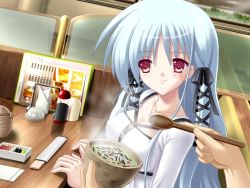 Rule 34 | 1girl, food, game cg, indoors, male hand, red eyes, restaurant, tagme, white hair