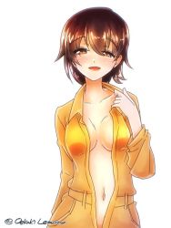 Rule 34 | 1girl, artist name, breasts, brown eyes, brown hair, girls und panzer, hand up, jumpsuit, looking at viewer, medium breasts, nakajima (girls und panzer), navel, oekaki lemon, open clothes, open mouth, short hair, solo, twitter username, white background