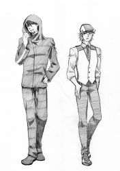 Rule 34 | 2boys, bad id, bad pixiv id, cabbie hat, cosplay, costume switch, crossover, facial hair, fate/zero, fate (series), graphite (medium), greyscale, hat, hood, hoodie, jin-50, kaburagi t. kotetsu, kaburagi t kotetsu (cosplay), kotetsu t kaburagi (cosplay), male focus, matou kariya, matou kariya (cosplay), monochrome, multiple boys, name connection, necktie, scar, stubble, tiger &amp; bunny, traditional media, vest, waistcoat, white background