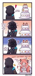 Rule 34 | !, &gt; &lt;, 1girl, 1other, 4koma, :d, ^ ^, animal ear fluff, animal ears, arknights, arms up, black jacket, breasts, brown hair, cake, candle, cleavage, closed eyes, comic, commentary, confetti, doctor (arknights), english commentary, english text, fire, food, gloves, gravel (arknights), hands up, heart, highres, hood, hood up, hooded jacket, jacket, kurotofu, long hair, long sleeves, medium breasts, navel, nude, open clothes, open jacket, open mouth, own hands together, signature, smile, tail, twitter username, very long hair, white gloves, xd