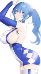 Rule 34 | 1girl, absurdres, armpits, ass, azur lane, bad id, bad pixiv id, blue dress, blue hair, breasts, buttons, cleavage, detached sleeves, double-breasted, dress, from side, garter straps, highres, large breasts, laudayon, long hair, looking at viewer, microdress, ponytail, purple eyes, simple background, solo, st. louis (azur lane), taut clothes, taut dress, thighhighs, white background, white dress, white thighhighs, zettai ryouiki