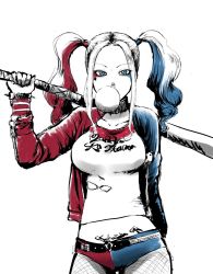 Rule 34 | 1girl, ainai kaina, animification, bad id, bad twitter id, baseball bat, batman (series), blue eyes, blue hair, breasts, dc comics, female focus, harley quinn, jacket, long hair, makeup, mascara, matching hair/eyes, multicolored clothes, nakai (zabuton makura), partially colored, red hair, shorts, simple background, sketch, solo, suicide squad, twintails, white background