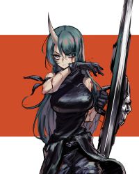 Rule 34 | 1girl, arknights, blood, blood from mouth, blood on face, breasts, gloves, green hair, grin, hair over one eye, highres, holding, holding shield, horns, hoshiguma (arknights), large breasts, long hair, looking at viewer, max-k, oni, shield, single horn, skin-covered horns, sleeveless, smile, solo, two-tone background, upper body, v-shaped eyebrows, wiping face