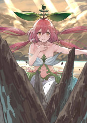 Rule 34 | 1girl, breasts, brown eyes, cleavage, granblue fantasy, hand on own chest, highres, leaf, leaf on head, long hair, midriff, nao (syn eaa), navel, pink hair, pointy ears, quad tails, rock, signature, solo, very long hair, yggdrasil (granblue fantasy)