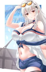 Rule 34 | 1girl, :o, absurdres, adjusting eyewear, ahoge, arknights, bare shoulders, bikini, blue shorts, breasts, cleavage, commentary, cowboy shot, eyewear on head, from side, hair between eyes, hand up, highres, large breasts, long hair, looking at viewer, looking to the side, makino, midriff, navel, official alternate costume, orca hair ornament, red eyes, shirt, shorts, silver hair, skadi (arknights), skadi (waverider) (arknights), solo, stomach, sunglasses, swimsuit, thigh strap, thighs, weapon case, white shirt