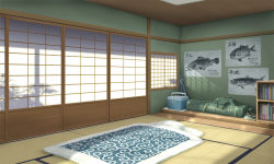 Rule 34 | bedroom, book, bookshelf, commentary request, cooler, futon, green theme, indoors, no humans, original, poster (object), room, roomscape, scenery, shadow, sliding doors, tatami, user peo4941