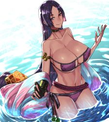 Rule 34 | 1girl, armlet, backlighting, bare shoulders, bikini, blush, breasts, choker, cleavage, collarbone, covered erect nipples, eyepatch bikini, fate/grand order, fate (series), fumato, hair ornament, highres, large breasts, long hair, looking at viewer, minamoto no raikou (fate), minamoto no raikou (fate/grand order), minamoto no raikou (swimsuit lancer) (fate), minamoto no raikou (swimsuit lancer) (third ascension) (fate), navel, parted bangs, parted lips, partially submerged, purple bikini, purple eyes, purple hair, side-tie bikini bottom, smile, solo, sparkle, swimsuit, thigh strap, very long hair, wading, water