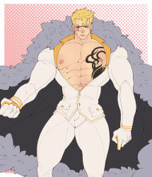 Rule 34 | 1boy, abs, absurdres, alternate costume, black eyes, blonde hair, bodysuit, cape, fairy tail, formal, highres, laxus dreyar, male focus, mature male, muscular, muscular arms, muscular legs, muscular male, pectorals, scar, solo, suit, tattoo