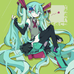 Rule 34 | 1girl, absurdly long hair, aqua eyes, aqua hair, black skirt, character name, hatsune miku, hatsushiro mamimu, highres, holding, holding own hair, long hair, looking to the side, sitting, skirt, solo, star (symbol), thighhighs, twintails, very long hair, vocaloid