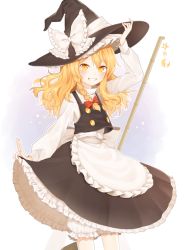Rule 34 | 1girl, apron, blonde hair, bloomers, braid, broom, clothes lift, grin, hajin, hand on headwear, hat, kirisame marisa, lifting own clothes, long hair, shirt, skirt, skirt lift, smile, solo, touhou, underwear, vest, witch hat, yellow eyes