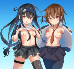 Rule 34 | 2girls, bare shoulders, black hair, blazer, blue headband, breasts, brown hair, commission, hachimaki, hatsushimo (kancolle), headband, jacket, kantai collection, loose necktie, multiple girls, necktie, nipples, nude, open mouth, skeb commission, small breasts, void (k-t-m-777), wakaba (kancolle)