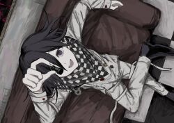 Rule 34 | 1boy, absurdres, black footwear, black hair, blood, blood stain, checkered clothes, checkered scarf, couch, danganronpa (series), danganronpa v3: killing harmony, hair between eyes, highres, holding chess piece, male focus, open mouth, oma kokichi, purple eyes, purple hair, ringed eyes, scarf, short hair, sitting, smile, solo, straitjacket, teeth, tiles, upper teeth only, wa noko, wavy hair
