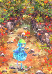 Rule 34 | 1girl, animal, autumn, backpack, bag, blue eyes, blue hair, boots, colored eyelashes, eyelashes, female focus, frog, hair bobbles, hair ornament, hat, kawashiro nitori, key, leaf, maple leaf, matching hair/eyes, namie-kun, nature, outdoors, randoseru, rock, rubber boots, scenery, solo, stream, touhou, tree, turtle, twintails, two side up, water, waterfall, watermark