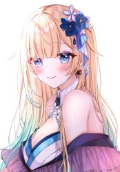 Rule 34 | 1girl, aizawa ema, bare shoulders, blonde hair, blue eyes, blue flower, blunt bangs, blush, breasts, cat earrings, cleavage, detached collar, flower, glint, gradient hair, green hair, hair flaps, hair flower, hair ornament, highres, japanese clothes, kimono, large breasts, long hair, looking at viewer, multicolored hair, off shoulder, shain, simple background, smile, solo, upper body, virtual youtuber, vspo!, white background, white flower, white kimono