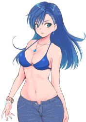 Rule 34 | 1girl, blue eyes, blue hair, breasts, cleavage, denim, earrings, hair ornament, highres, jeans, jewelry, kajino (aosansai), long hair, looking at viewer, maria traydor, medium breasts, navel, necklace, open fly, pants, parted lips, simple background, solo, star ocean, star ocean till the end of time, white background