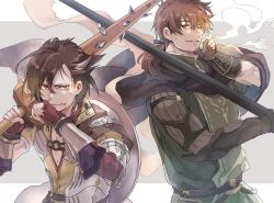 Rule 34 | 2boys, black eyes, black hair, brown eyes, brown hair, cigarette, facial hair, fate/grand order, fate (series), goatee, hector (fate), low ponytail, mandricardo (fate), manly, multiple boys, over shoulder, polearm, shield, smoking, spear, sword, weapon, weapon over shoulder, wiping face, wooden sword
