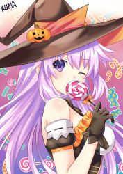 Rule 34 | 1girl, ;), absurdres, adult neptune, alternate costume, bare shoulders, breasts, brown gloves, candy, covering own mouth, detached sleeves, food, from side, gloves, halloween, halloween costume, hand up, happy, hat, highres, large breasts, lewdkuma, lollipop, long hair, looking at viewer, looking to the side, neptune (neptunia), neptune (series), one eye closed, pumpkin hat ornament, purple eyes, purple hair, smile, solo, sweets, upper body, very long hair, witch hat