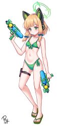 Rule 34 | 1girl, alternate costume, animal ear headphones, animal ears, bikini, blonde hair, blue archive, blue bow, blush, bow, cat ear headphones, cat ears, closed mouth, commentary, english commentary, fake animal ears, front-tie bikini top, front-tie top, full body, green bikini, green eyes, green halo, hair bow, halo, headphones, highres, holding, holding water gun, holster, looking at viewer, low-tied sidelocks, midori (blue archive), navel, rylaera, sandals, short hair, side-tie bikini bottom, simple background, standing, swimsuit, thigh holster, toes, water gun, white background