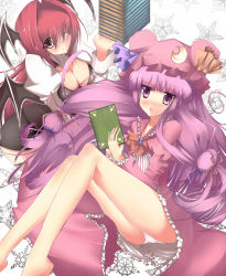 Rule 34 | 2girls, ass, bad anatomy, blunt bangs, book, book stack, breasts, cleavage, demon girl, downblouse, embodiment of scarlet devil, female focus, from above, hat, head wings, highres, holding, holding book, koakuma, large breasts, looking at viewer, mob cap, multiple girls, panties, patchouli knowledge, red eyes, red hair, sorusibu, touhou, underwear, white panties, wings