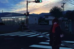 Rule 34 | 1girl, 1other, 7-eleven, absurdres, black coat, brown hair, brown skirt, car, cloud, coat, commentary, crosswalk, dusk, green eyes, hand in pocket, highres, long hair, long sleeves, looking at viewer, motor vehicle, mountainous horizon, open clothes, open coat, original, orval, outdoors, parking lot, plaid, plaid skirt, pleated skirt, power lines, red scarf, scarf, skirt, sky, solo focus, standing, traffic light, tree, utility pole, waving