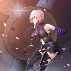 Rule 34 | 1girl, absurdres, armor, armored leotard, black leotard, black thighhighs, blue eyes, breasts, breasts apart, clothing cutout, elbow gloves, fate/grand order, fate (series), faulds, floating hair, from side, gloves, hair between eyes, highres, holding, holding shield, large breasts, leotard, mash kyrielight, midriff, navel, navel cutout, parted lips, pink hair, purple gloves, shield, short hair, solo, stomach, thighhighs, wakagon0727