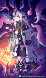 Rule 34 | !, 1girl, absurdres, ahoge, arknights, black footwear, black gloves, black sweater, black thighhighs, blue eyes, blush, boots, breasts, coat, commentary, dark background, dragon girl, dragon horns, dragon tail, feet out of frame, fiery tail, fire, from side, furrowed brow, gloves, highres, horns, imazawa, implied sex, jewelry, long hair, looking at viewer, medium breasts, necklace, needle, off shoulder, open clothes, open coat, parted lips, pussy juice, reed (arknights), ribbed sweater, sidelocks, silver hair, solo, spoken exclamation mark, standing, straight hair, sweat, sweater, nervous sweating, tail, tentacles, tentacles under clothes, thigh boots, thighhighs, thighhighs under boots, thighs, trembling, turtleneck, turtleneck sweater, watermark, web address, white coat, zettai ryouiki