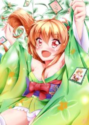 Rule 34 | 1girl, arms up, blush, breasts, brown eyes, card, cleavage, fang, flower knight girl, graphite (medium), japanese clothes, kimono, long hair, looking at viewer, medium breasts, new year, open mouth, orange hair, panties, plant, ribbon, senryou (flower knight girl), smile, solo, torano ko, traditional media, underwear