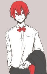 Rule 34 | 1boy, artist request, bow, bowtie, hand in pocket, holding, holding clothes, holding jacket, jacket, male focus, original, red bow, red bowtie, red eyes, red hair, sketch, smile