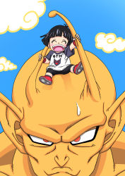 Rule 34 | 1boy, 1girl, absurdres, black hair, blue sky, child, dragon ball, dragon ball super, dragon ball super super hero, friends, frown, giant, grin, happy, highres, laughing, looking at viewer, orange piccolo, pan (dragon ball), piccolo, red eyes, sitting, sitting on person, size difference, sky, smile, sweat, tomboy
