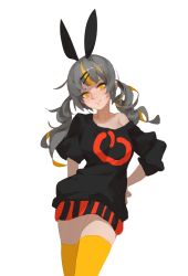 Rule 34 | 1girl, animal ears, arms behind back, bare shoulders, black shirt, blonde hair, blunt bangs, breasts, collarbone, contrapposto, cowboy shot, grey hair, hair ornament, hairclip, hand on own hip, highres, kuuu, long hair, looking at viewer, miniskirt, multicolored hair, off shoulder, original, shirt, simple background, skirt, smile, solo, standing, streaked hair, striped clothes, striped skirt, thighhighs, twintails, two-tone hair, vertical-striped clothes, vertical-striped skirt, white background, yellow eyes, yellow thighhighs