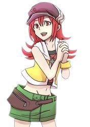 Rule 34 | 1girl, cabbie hat, eyebrows, fanny pack, female focus, green skirt, hat, highres, hip bones, jacket, jewelry, medium hair, midriff, misaki shiki, navel, necklace, open mouth, own hands together, red eyes, red hair, red shirt, shirt, simple background, skirt, smile, solo, subarashiki kono sekai, teeth, wristband, yellow jacket