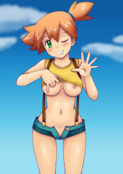 Rule 34 | 1girl, alternate breast size, bare arms, blush, breasts, clenched teeth, clothes lift, cloud, commentary request, creatures (company), day, eyelashes, game freak, green eyes, green shorts, grin, hair tie, hands up, lifting own clothes, looking at viewer, misty (pokemon), navel, nintendo, nipples, no bra, one eye closed, orange hair, outdoors, pokemon, pokemon (anime), pokemon sm042, pokemon sm (anime), shiny skin, shirt, shirt lift, shorts, side ponytail, sky, smile, solo, spread fingers, suspenders, teeth, tsumitani daisuke, yellow shirt